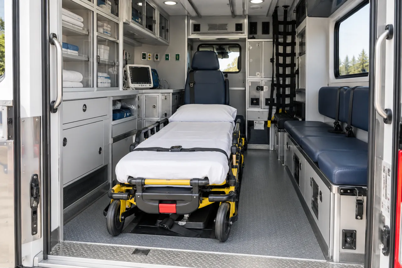 AI-generated illustrative ambulance interior with an empty stretcher and an inactive generic monitor