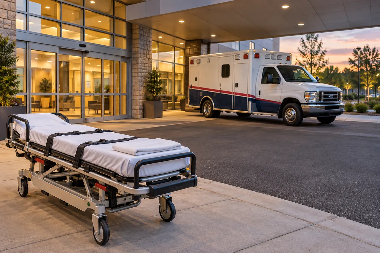 AI-generated illustrative scene of an empty stretcher and unbranded ambulance at a generic facility entrance