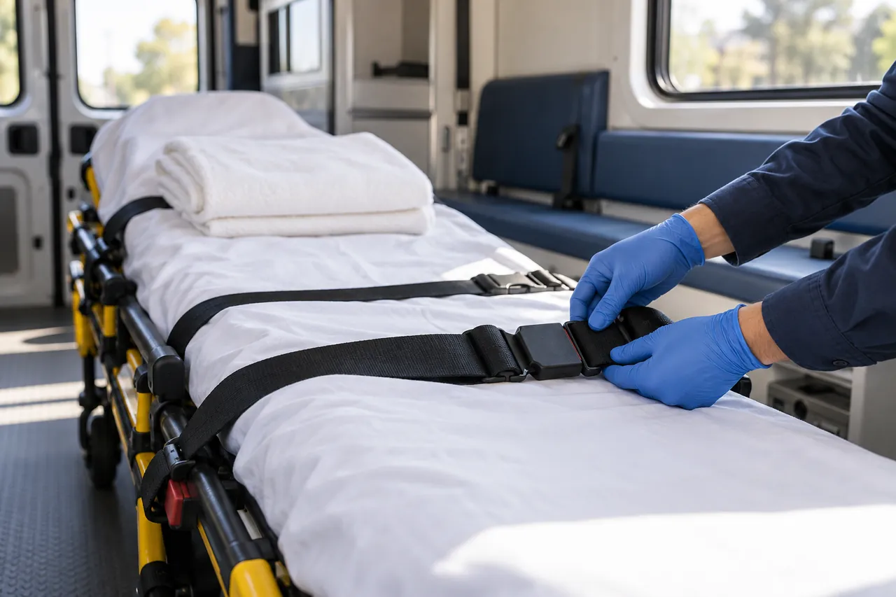AI-generated illustrative scene of gloved hands checking a restraint on an empty stretcher